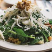Spinaci Mele E Noci Salad · Spinach, sliced apples & crushed walnuts, with pecorino shavings & a lemon dressing.