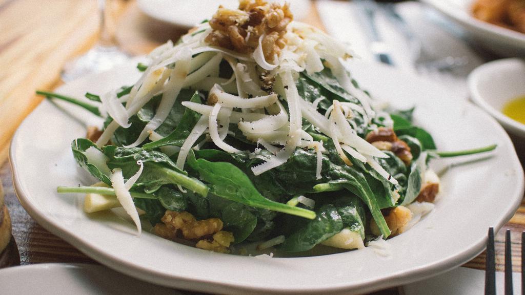 Spinaci Mele E Noci Salad · Spinach, sliced apples & crushed walnuts, with pecorino shavings & a lemon dressing.