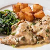 Medaglioni Di Vitello Al Limone · Veal medallions sauteed in lemon and capers served with spinach and roasted potatoes.