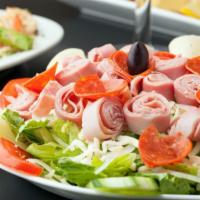 Antipasto Salad · Fresh Spring Mix, Fresh Mozzarella, Pepperoni, Black Olives, Onion, Cherry Tomatoes and, Cuc...