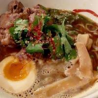 Rayu Beef Ramen · Rayu slice beef, ajitama egg, menma, scallions and cilantro (beef bone broth).