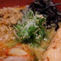 Miso Salmon · Roasted miso-glazed salmon, spicy ground pork, kimchi, kikurage mushroom and menma pork bone...