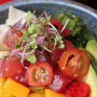 Ahi Tuna Poke · Tuna, avocado, orange, caviar, seaweed salad, wasabi ponzu