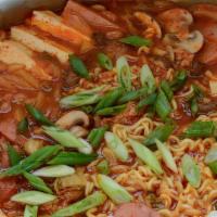 Army Stew · Spicy kimchi stew with pork, sausage, and ramen noodles.
