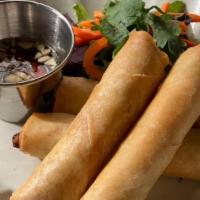 Crispy Spring Rolls · chicken sausages, carrots , glass noodles and cabbages serve with nuoc cham sauce