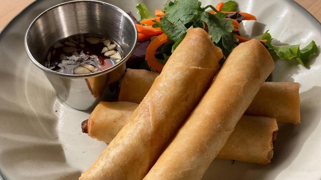 Crispy Spring Rolls · chicken sausages, carrots , glass noodles and cabbages serve with nuoc cham sauce