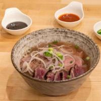 Pho: Super Bowl · noodle soup in homemade 12 hrs simmered beef broth, thin rice noodles, beansprouts, scallion...