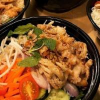 Bun: Chicken (Serve 5) · BUN: cold vermicelli noodle served with a mix of green leaf, cucumber, mint leaves, pickled ...