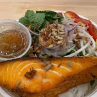 Bun: Salmon (Serve 5) · BUN: cold vermicelli noodle served with a mix of green leaf, cucumber, mint leaves, pickled ...