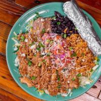 Lunch Plato De Carne · Chicken, pork, ground beef or brisket, pico de gallo, cheese, rice, and beans served with yo...