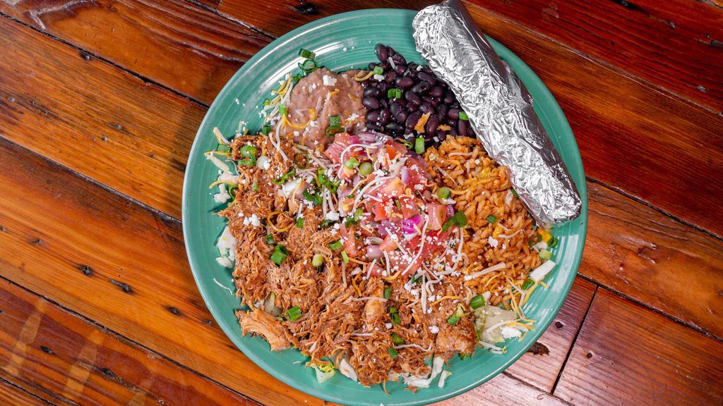 Lunch Plato De Carne · Chicken, pork, ground beef or brisket, pico de gallo, cheese, rice, and beans served with your choice of corn or flour tortillas.