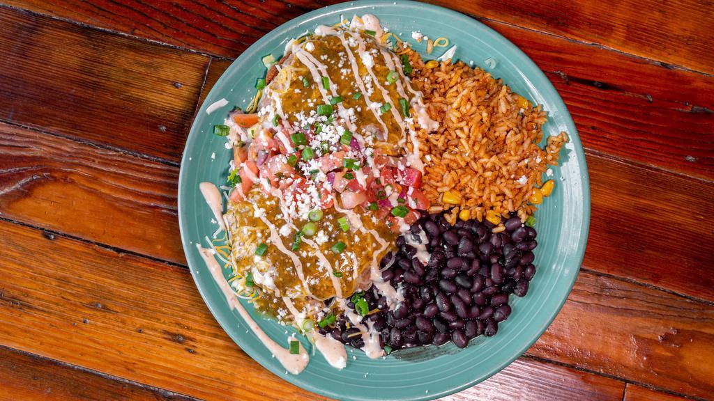 Lunch Sopes · Vegetarian. Gluten-free. Masa cakes, cheese, pico De gallo, salsa Verde, chipotle cream, refried beans, black beans, and rice. Add protein for an additional charge.