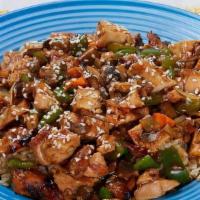 Teriyaki Stir-Fry · Pick protein, portabella mushroom blend, pepper & onions, carrots, sesame seeds, teriyaki sa...