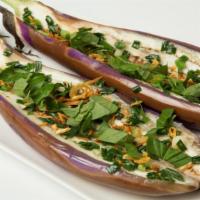 Grilled Eggplant With Scallions, Basil & Peanuts · vegetarian