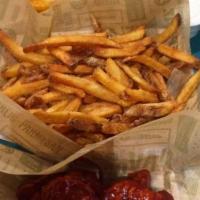 Bbq Chicken Fries · French fries topped with chicken, barbecue sauce, shredded cheese, sliced jalapenos and scal...