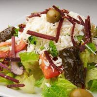Greek Salad · Lettuce, tomatoes, cucumbers, red onion, Feta cheese, basturma (eastern European cured beef)...