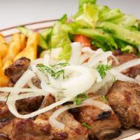 Max Shish Kebabs Platter · Two mix kebabs of your choosing (Specify kebabs) with salad and fries or rice pilaf.