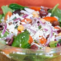 Mediterranean Salad · Organic spring mix, cucumbers, cherry tomatoes, red onion, chickpeas, olives, and feta.