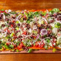 Mediterranean Pie  · Feta cheese, kalamata olives, sliced red onions, chopped organic tomatoes, crisp romaine, an...