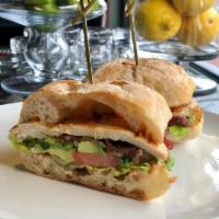 Grilled Chicken Sandwich · Avocado, Bacon, Romaine Lettuce, Tomato, Red Onion, Salsa Golf, Ciabatta Bread