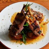 Grilled Baby Lamb Chops · Rosemary White Wine Butter Sauce, Crispy Smashed Potato & Sautéed Spinach