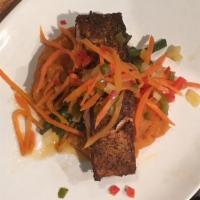 Blackened Salmon · Citrus mashed sweet potatoes, garlic tossed string beans, and pickled pineapple salsa.