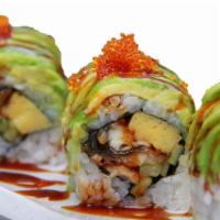 Dragon Roll · Broiled eel and sliced cucumber wrapped in rice with avocado and masago outside.