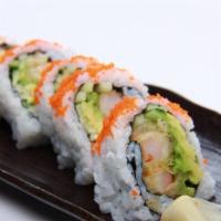 Dynamite Roll · Spicy crunchy yellowtail avocado inside and spicy crab meat tobiko on top.