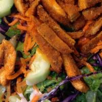 Buffalo Salad · grilled or breaded chicken cutlet dipped in hot buffalo sauce, iceberg & romaine
lettuce, to...
