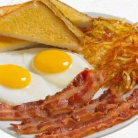 2 Eggs & Applewood Smoked Bacon · Applewood smoked bacon (3 strips) served with 2 Farm-Fresh eggs* cooked to order, homestyle ...