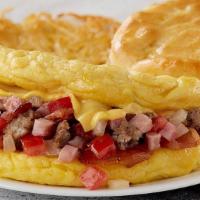 Omelet-Meat Lover'S · Applewood smoked bacon, country sausage, diced ham, American cheese, diced onions and tomato...