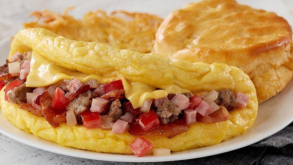 Omelet-Meat Lover'S · Applewood smoked bacon, country sausage, diced ham, American cheese, diced onions and tomatoes served with your choice of homestyle grits or crispy hashbrowns or seasonal fruit, and buttery toast or biscuit (Cal 925-1120)