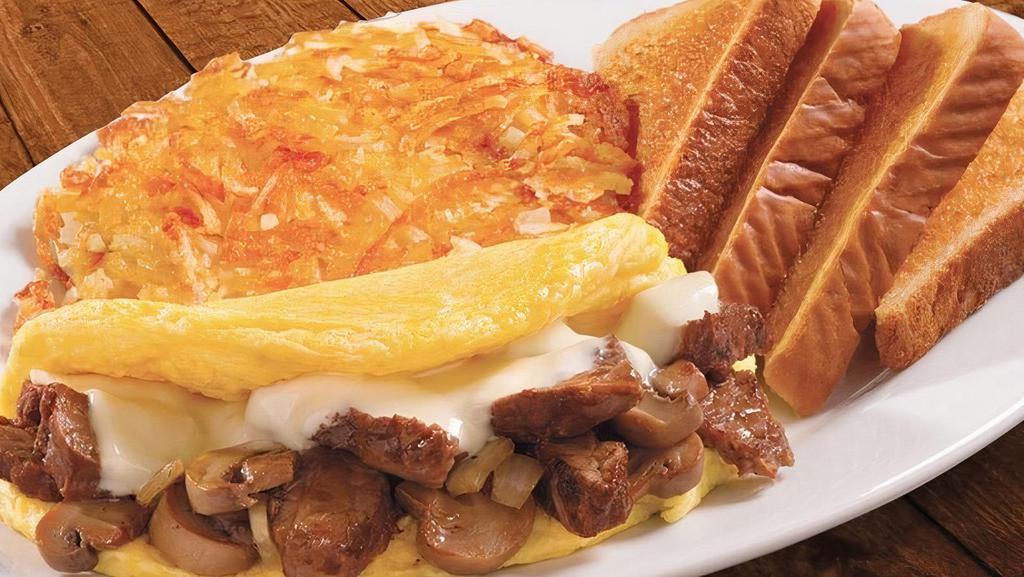 Omelet- Prime Rib Tips · Tender prime rib tips, Swiss cheese, sautéed mushrooms and caramelized onions served with your choice of homestyle grits or crispy hashbrowns or seasonal fruit, and buttery toast or biscuit (Cal 865-1060)