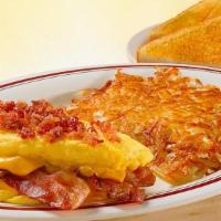 Omelet-Mega Bacon Cheese · Applewood smoked bacon and American cheese topped with sizzlin’ chopped bacon bits. served w...