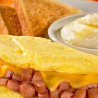 Omelet-Ham & Cheese · Diced ham and American cheese served with your choice of homestyle grits or crispy hashbrown...