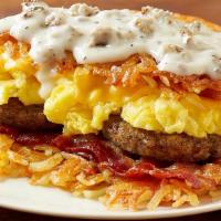 Bacon, Sausage & Sausage Gravy · Sizzlin’ Applewood smoked bacon, country sausage, two scrambled eggs* and melty American che...