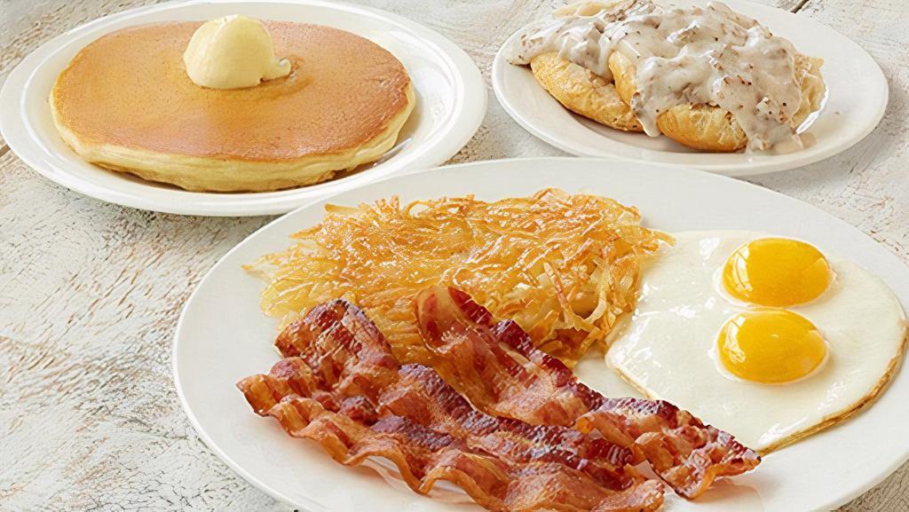 Mvp: Our Most Valuable Platter · Applewood smoked bacon (3 strips) or country sausage or turkey sausage (2 patties), 2 eggs*, crispy hashbrowns or seasonal fruit, golden waffle or old-fashioned buttermilk pancake, and choice of homestyle grits & buttery toast or biscuit & sausage gravy (Cal 1145-1640)