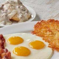 Big House Breakfast · Three Farm-Fresh Eggs, Crispy Hashbrowns or Seasonal Fruit, Biscuit and Sausage Gravy OR Hom...