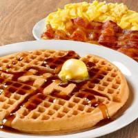 Waffle Platters With Bacon Or Sausage · Waffle, 2 Farm-Fresh eggs*, Applewood smoked bacon (3 slices) OR country sausage or turkey s...