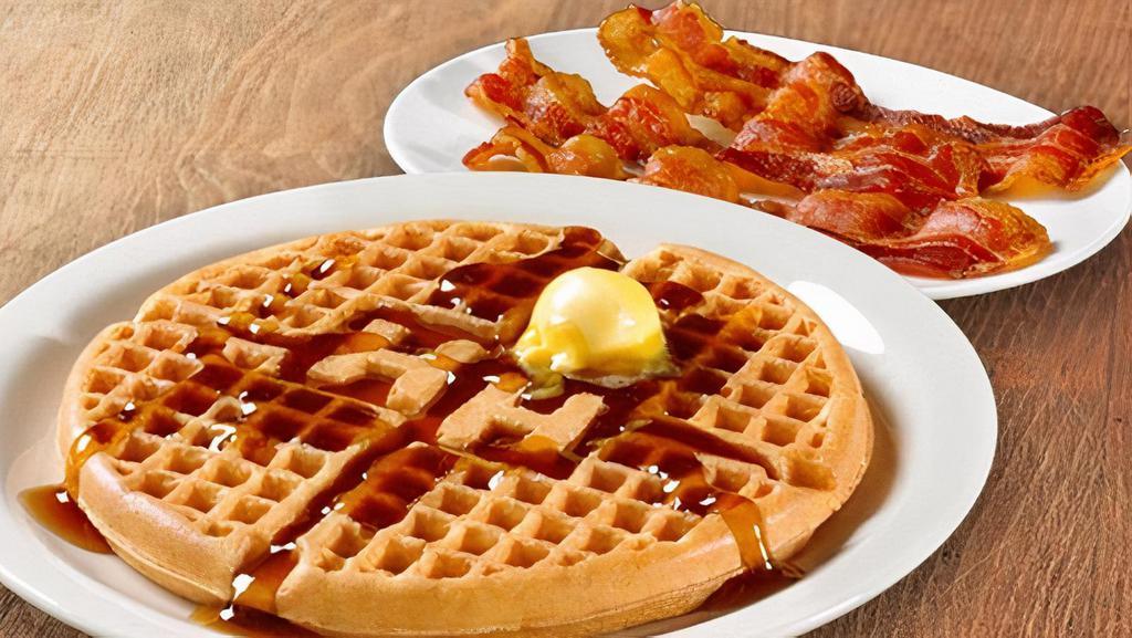Golden Waffle With Bacon Or Sausage · With your choice of Applewood smoked bacon (3 strips) or country sausage or turkey sausage (2 patties) (Cal 820-910)