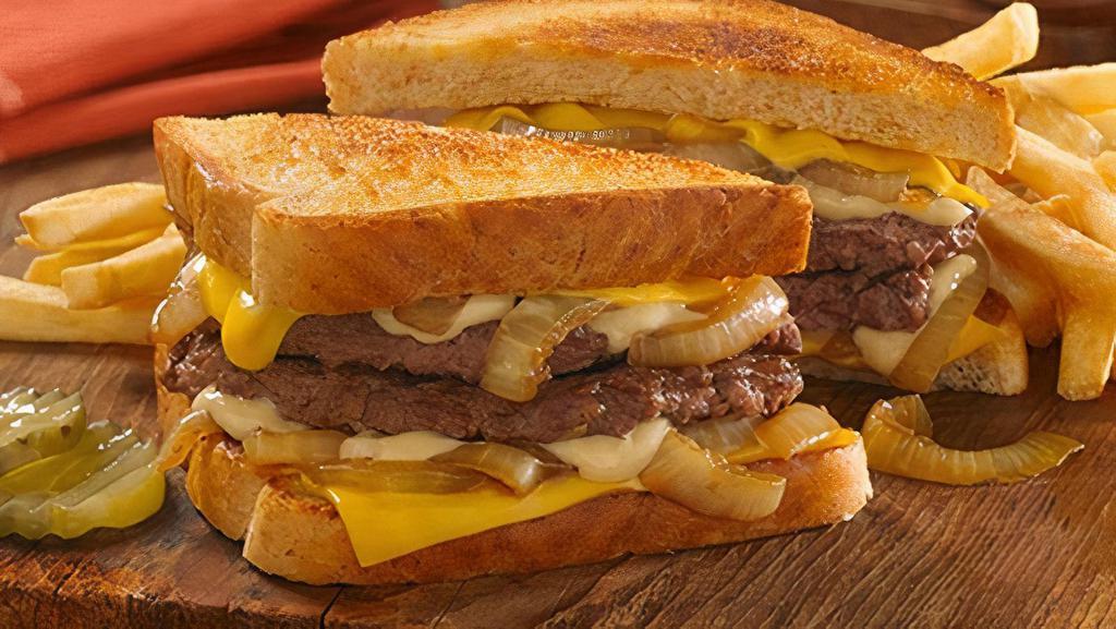 Classic Patty Melt · An American classic made with two grilled beef patties, melted American cheese, caramelized onions and garlic mayonnaise on Texas Toast with pickle chips served on the side (Cal 955-1430)