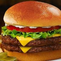 Huddleburger® · Our classic double burger, melted aged cheddar cheese, lettuce, tomato and pickle chips (Cal...