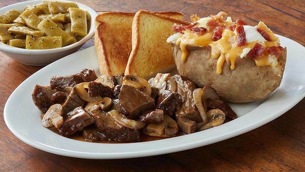 Prime Rib Tips Dinner · Tender, juicy, prime rib tips grilled sauteed mushrooms and onions and served with savory au jus and your choice of 2 sides and a buttery, fluffy biscuit or Texas Toast (Cal 590-1560)