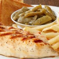 Grilled Chicken Dinner · Marinated and seasoned chicken breast grilled just right and your choice of 2 sides and a bu...