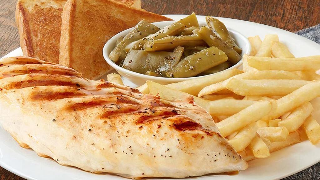 Grilled Chicken Dinner · Marinated and seasoned chicken breast grilled just right and your choice of 2 sides and a buttery, fluffy biscuit or Texas Toast  (Cal 320-1330)