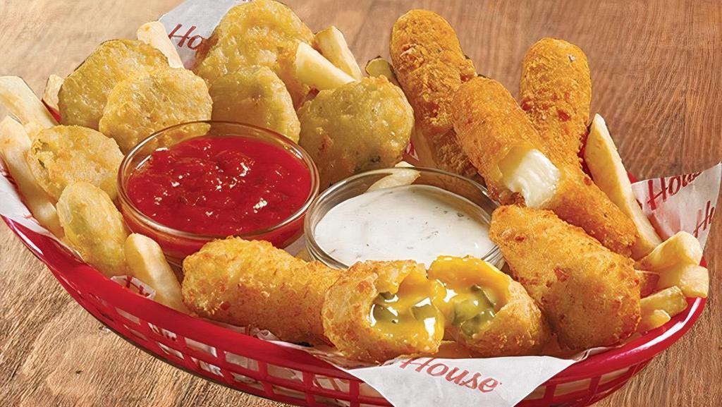 Huddle Up Sampler · Tangy batter-dipped dill pickles, cheddar cheese filled jalapeño poppers and mozzarella sticks served with lightly salted French fries and cool ranch sauce and zesty marinara (Cal 1365)