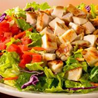 Grilled Chicken Salad · Mixed greens, carrots, red cabbage, tomatoes, eggs, croutons and shredded cheddar cheese. (C...