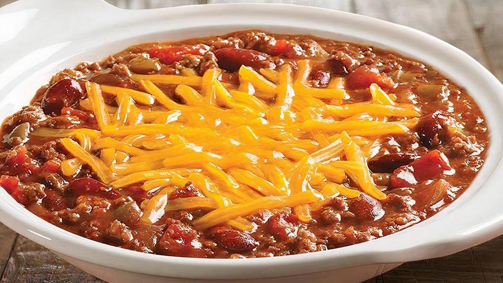 Loaded 5 Star Chili · Beef, beans, tomatoes and spices make for a hearty addition to any meal. Topped with shredded cheddar cheese, onions and jalapeños (Cal 420)
