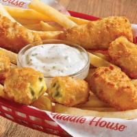 Jalapeno Popper Basket · Jalapeño pieces and rich cheddar cheese inside a light breading, served with lightly salted ...
