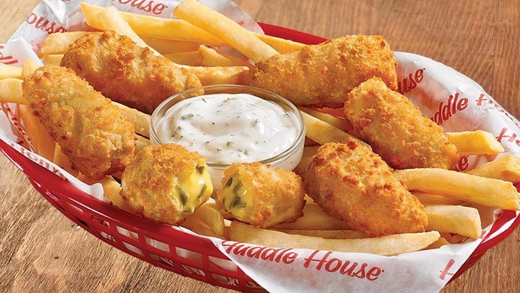 Jalapeno Popper Basket · Jalapeño pieces and rich cheddar cheese inside a light breading, served with lightly salted French fries and ranch sauce (Cal 1020)